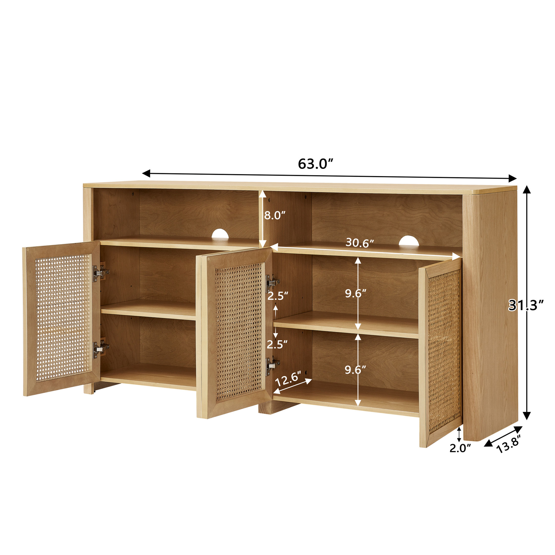 GDF Studio 63" Mid Century Modern Rattan Sideboard Buffet Cabinet with 4 Doors, Adjustable Shelves, Natural