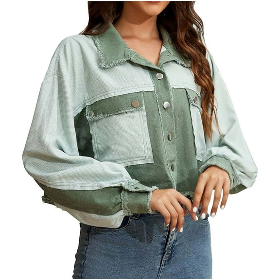 Wyobmus Women's Regular Fit Waffle Knit Cropped Shackets Jacket Color Block Long Sleeve Coat Button Down Frayed Rim Blouse Shirt With Pockets Green