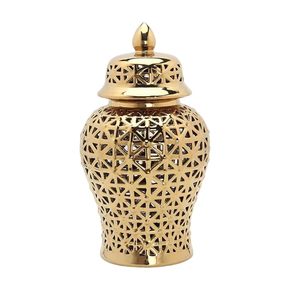 Porcelain Hollow Ginger Jar with Lid Temple Jar Organizer Office Ornaments Decorative Home Decoration Traditional Elegant Flower Holder Vase , Golden 19cmx36cm