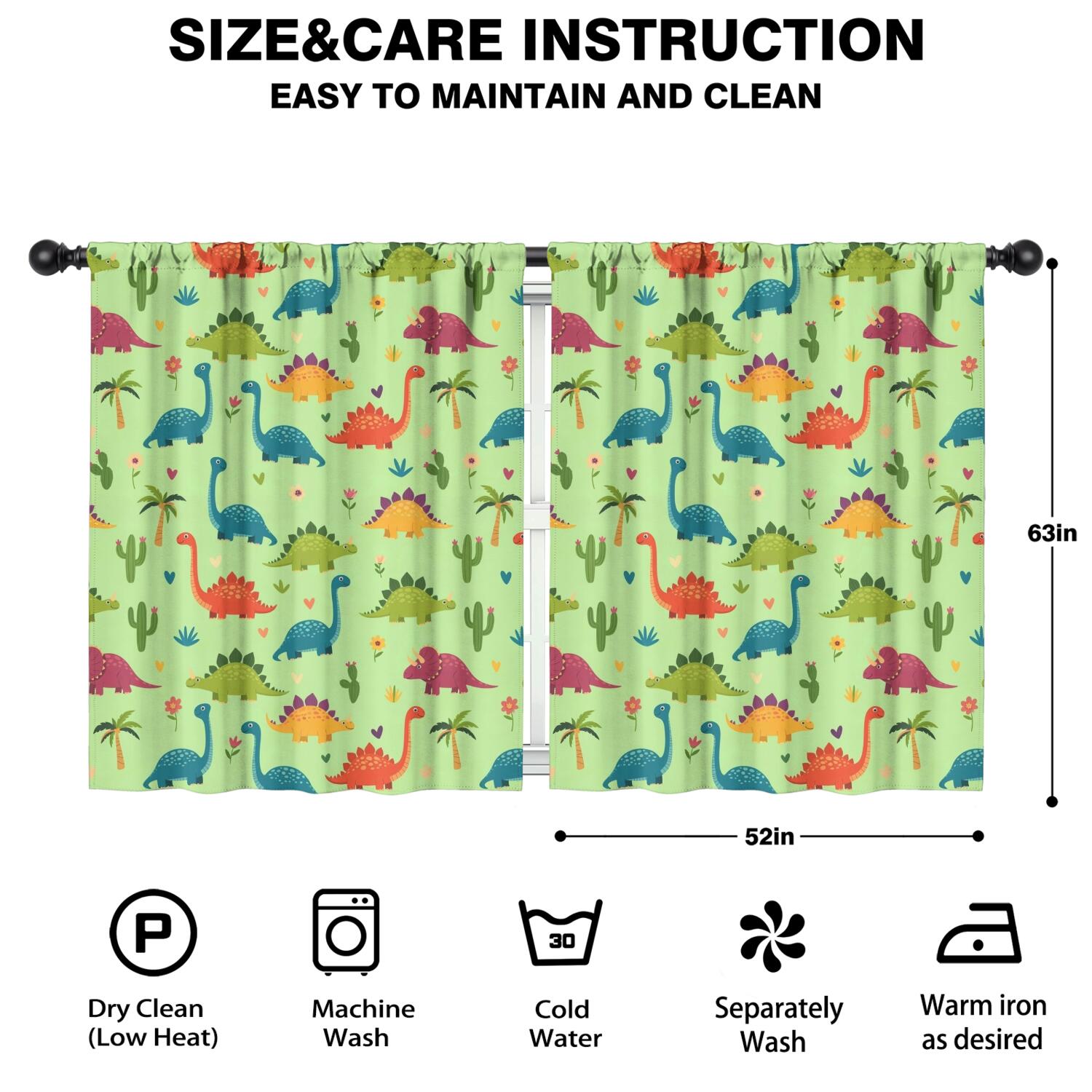 Blackout Kids Curtains,Green Dinosaurs Cacti Hearts Childrens Insulated Curtains Set Of 2,Bedroom Essentials,Toddler Room Decor 52"x63"