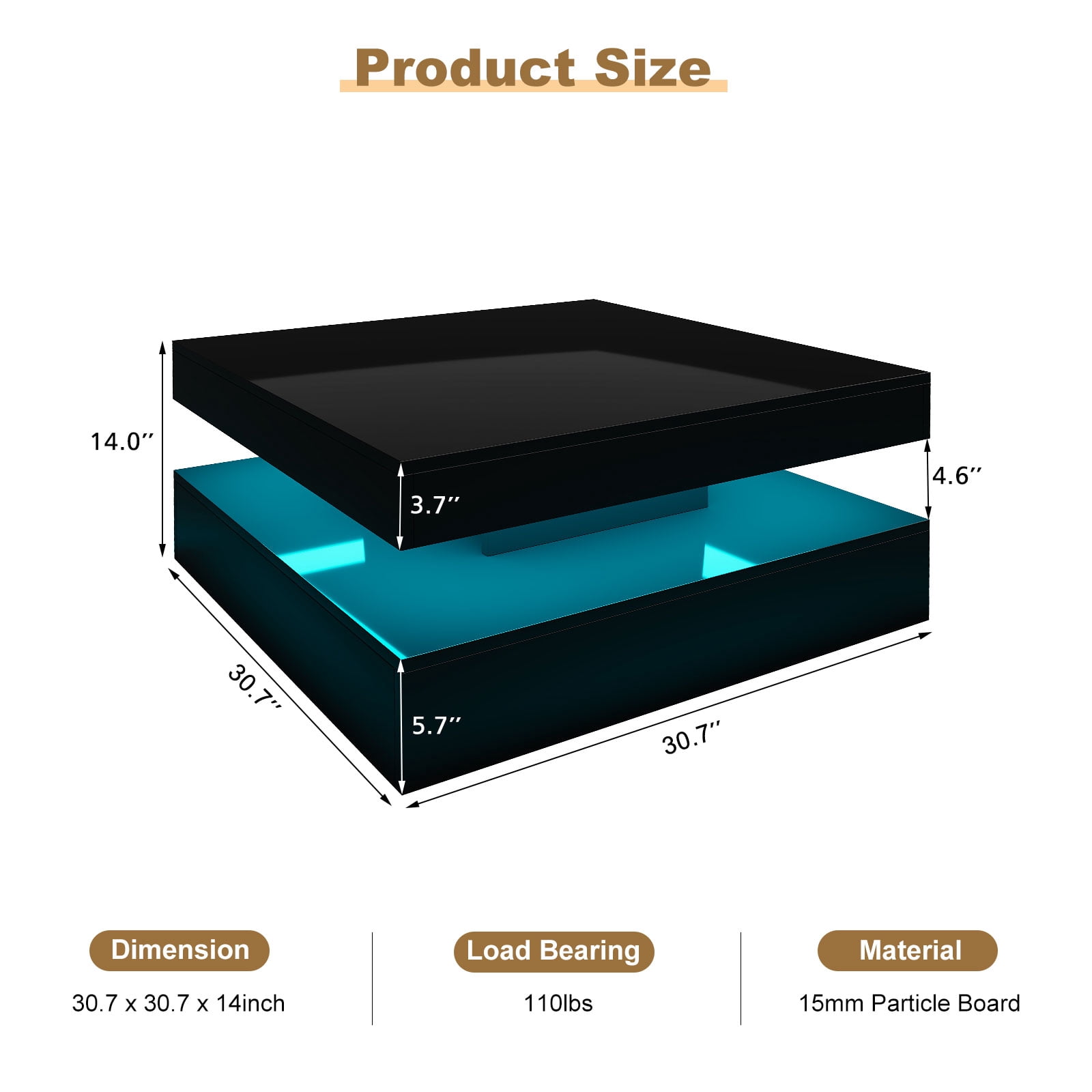 Hironpal Sturdy LED Coffee Table, 2-Tier Square Coffee Table High Gloss Minimalist Design with Plug-in 16-Color LED Light for Home Office Reception Room, Black
