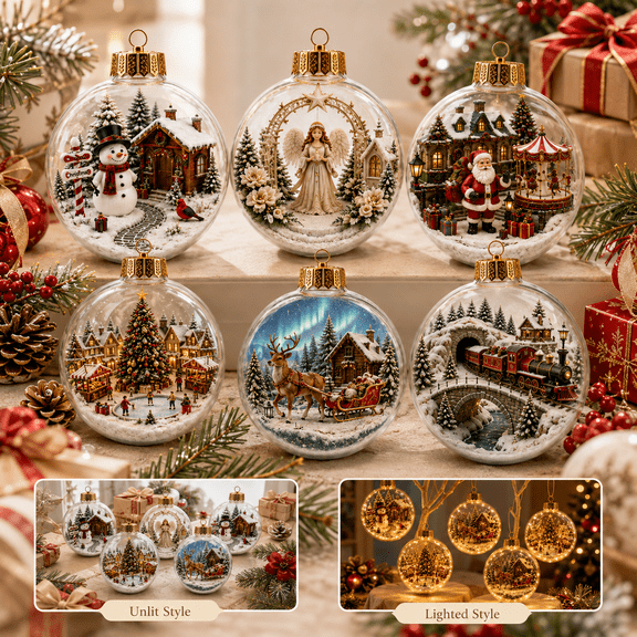 Glowing Christmas Story Ornament, Lighted or Non-Lighted Mini Holiday Scene Ornament, 3.94 Inch Hanging Christmas Ball Decoration for Tree, Home, Party, Winter Display