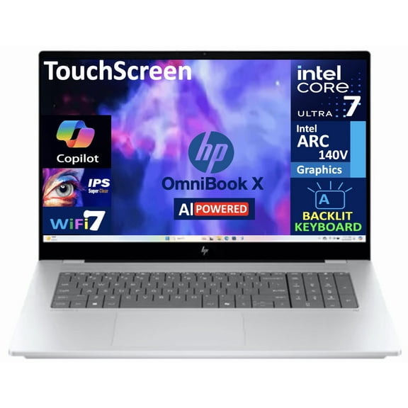 HP OmniBook X AI Powered Laptop 17.3in Touchscreen IPS FHD Display (Intel Ultra 7-258V, 32GB LPDDR5X, 2TB SSD, Intel Arc 140V, Backlit KB, Thunderbolt 4, WiFi 7, Webcam, Bluetooth 5.4, Win 11 Home)