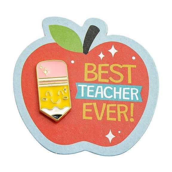 Fun Express 1" Teacher Appreciation Best Teacher Ever Metal Pins with Card for 12