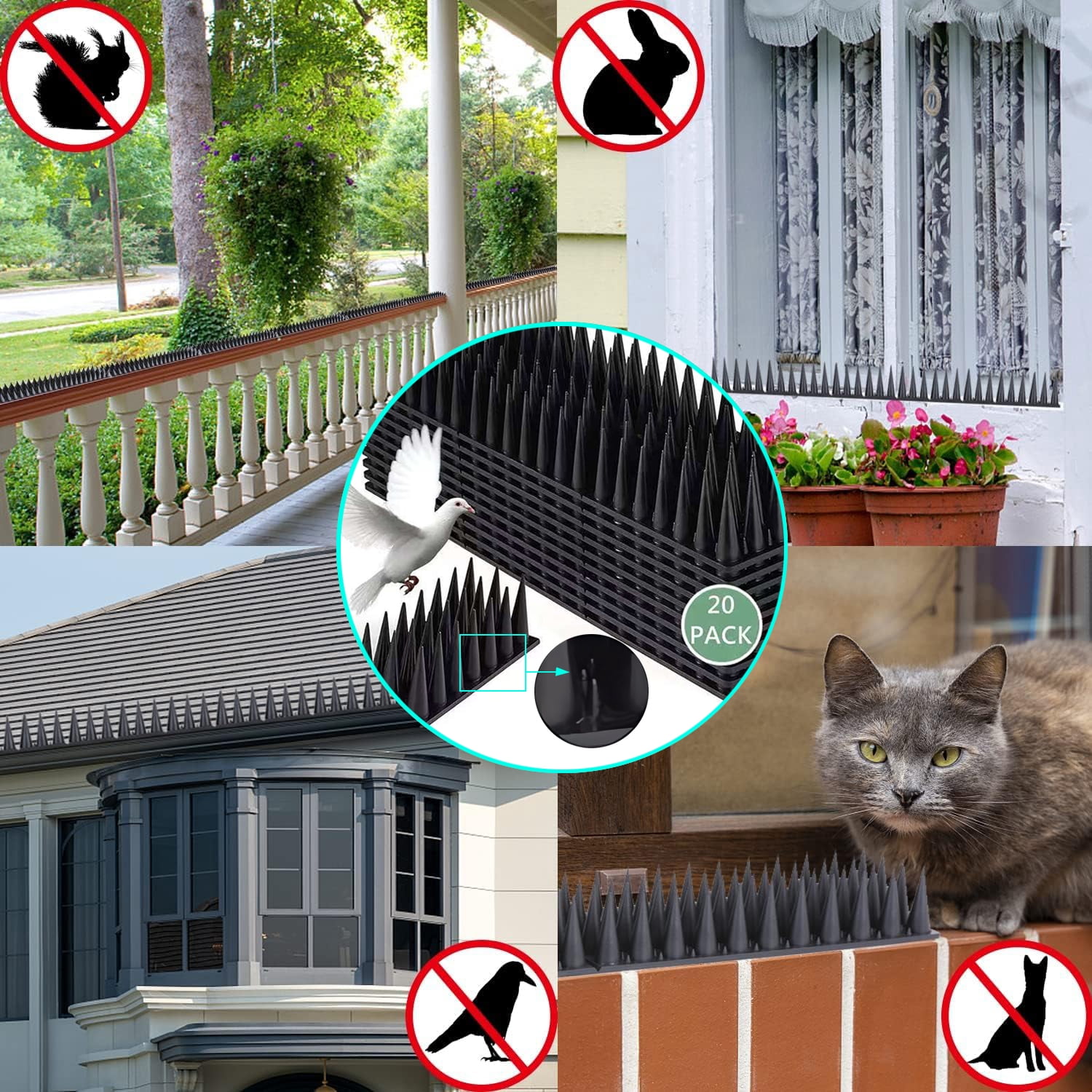 Outdoor Bird Spikes 20pcs, 18.7 Feet (5.7M) Squirrel Raccoon Pigeon Cat Animal Deterrent Spikes, Keep Birds & Animals Away
