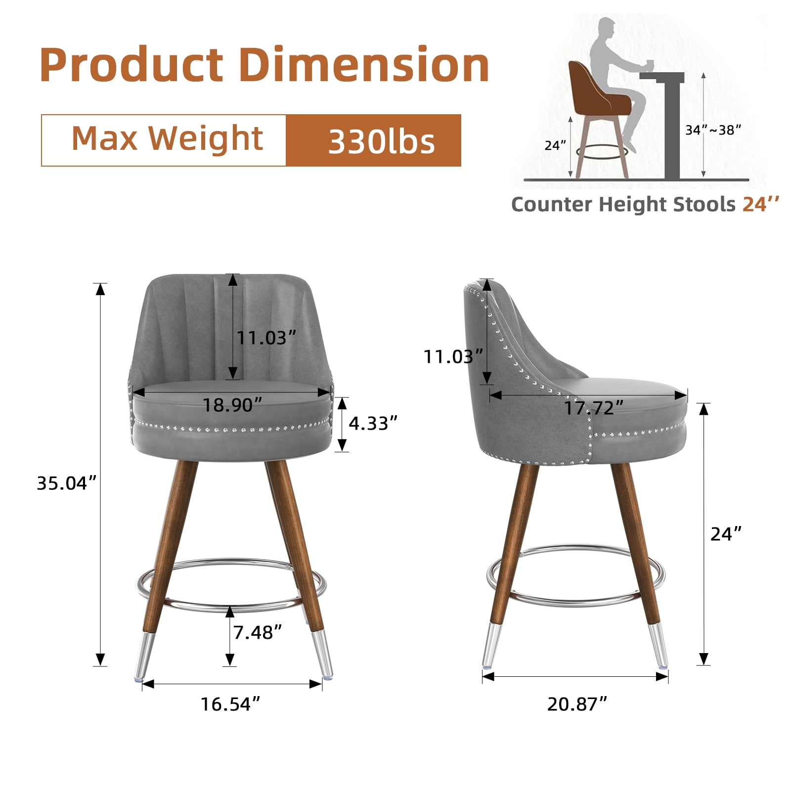 Ninecer 24" Swivel Counter Height Chairs, Modern PU Leather Bar Stools set of 2 with Thick Cushion and Footrest, Gray