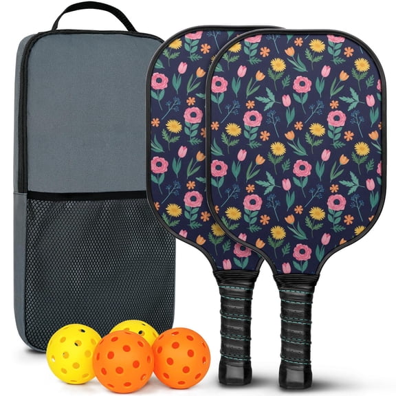 Pickleball Paddles Set,Pioneer Flower Floral Print Pattern Fiberglass Surface Pickleball Racket Set with 2 Indoor Outdoor Pickleball Balls and Pickleball Bag,Pickle-ball Equipment