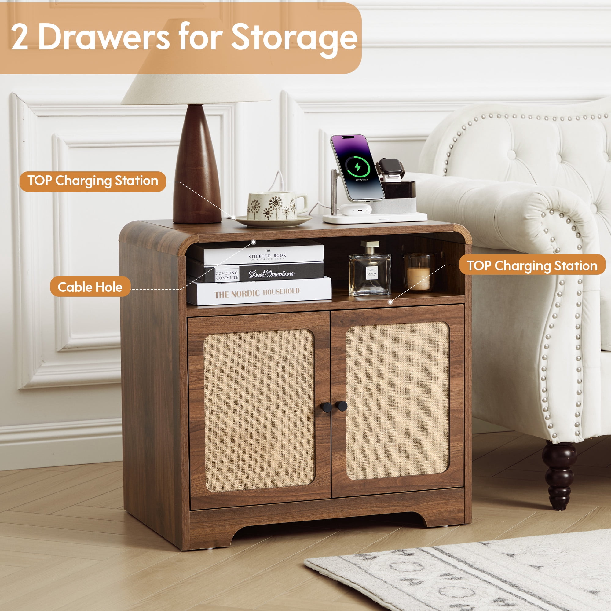 Wirrytor Farmhouse End Table with Charging Station and 2 Doors, Storage Shelf Nightstand for Living Room Bedroom, Modern Side Table with Rounded Corners and Black Metal Legs