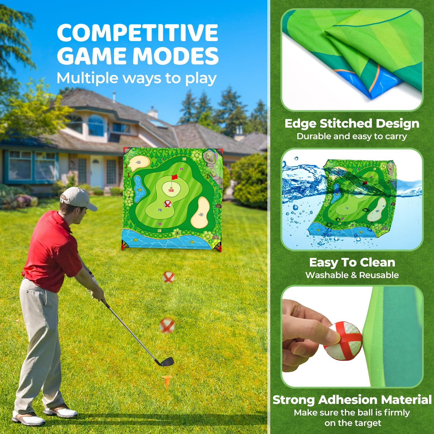 Mpow Golf Chipping Game-Golf Battle Game for Kids & Family, 54"x54" Golf Target Mat with 16 Sticky Balls, 8 Bean Bags, 6 Axes, 2 Soccer Balls, Fun for Outdoor Lawn, Backyard & Poolside Party