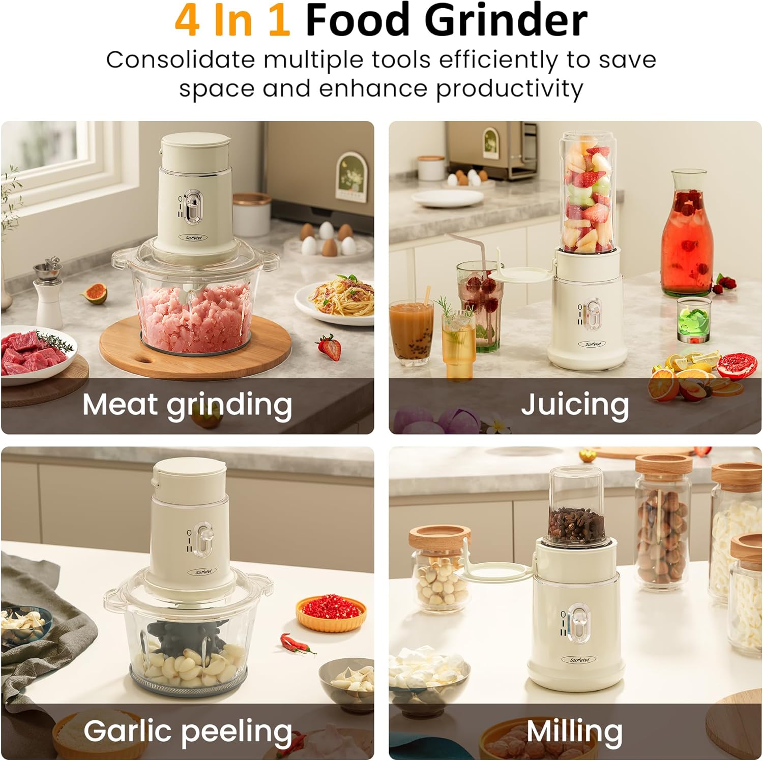 4-in-1 Electric Food Chopper & Small Processor with Glass Bowl
