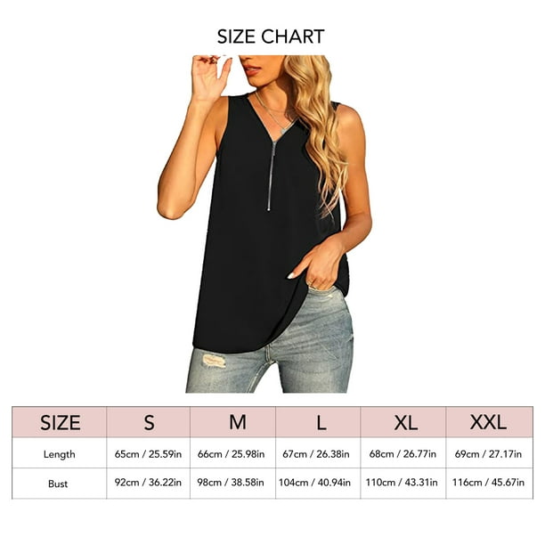 Women Tank Top Zipper Closure V Neck Loose Type Sleeveless Chiffon Shirts  for Summer Wear Black XL 