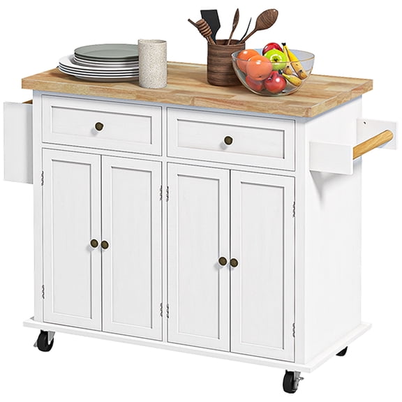 Kitchen Island Cart with Rubber Wood Top, Rolling Kitchen Island Table with Drawers, Adjustable Shelves, Spice Rack & Towel Rack — White