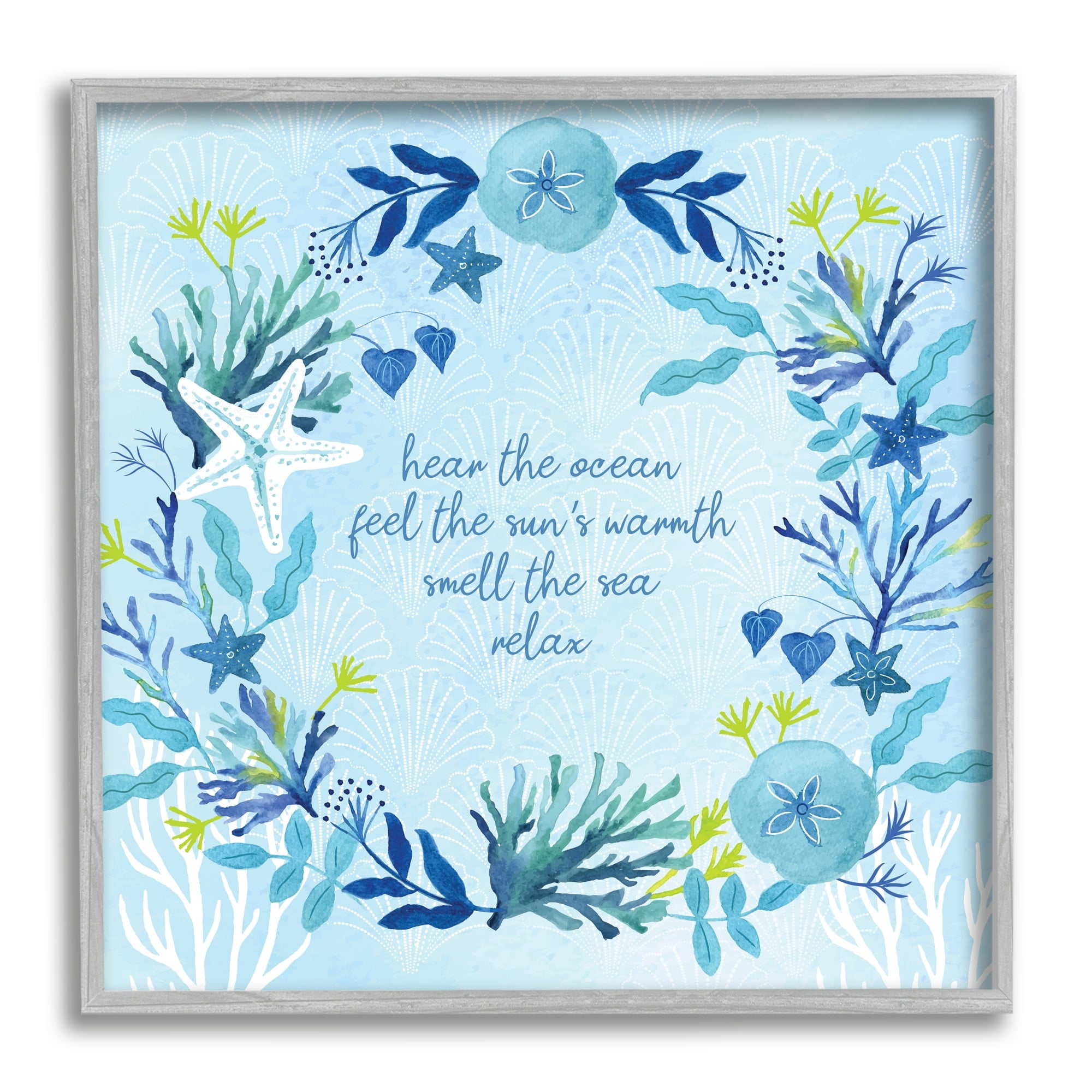 Relaxing Beach Quote Sea Life Botanical Wreath Coastal Graphic Art Framed Art Print Wall Art