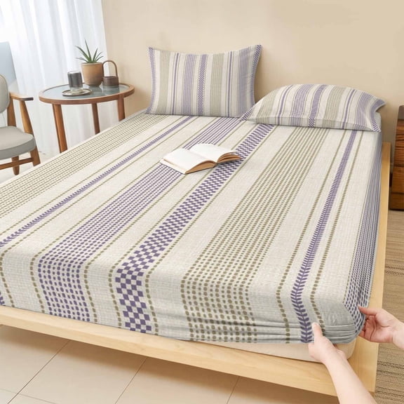 Twin Sze Fitted Sheet Set - Farmhouse Stripe 2 Piece Bedding Sets 16" Deep Pocket Fitted Sheet with 1 Pillowcase, Boho Country Vintage Purple Striped Brushed Microfiber Hotel Luxury Bed Sheets