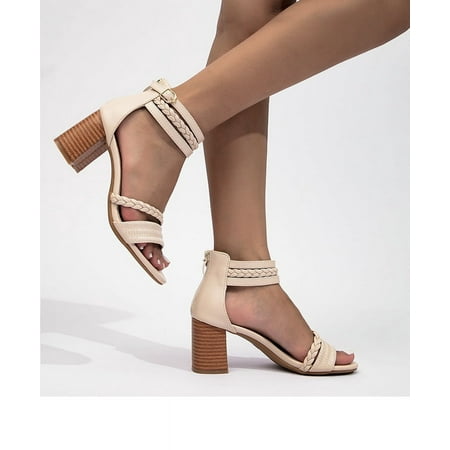 

Women s Solid Color Braided Ankle Strap Block Heel Sandals Party Shoes
