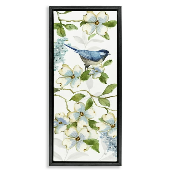 Stupell Industries Bird Perched on Dogwood Plants & Flowers Painting Black Floater Framed Canvas Art Print Wall Art, 11 x 25