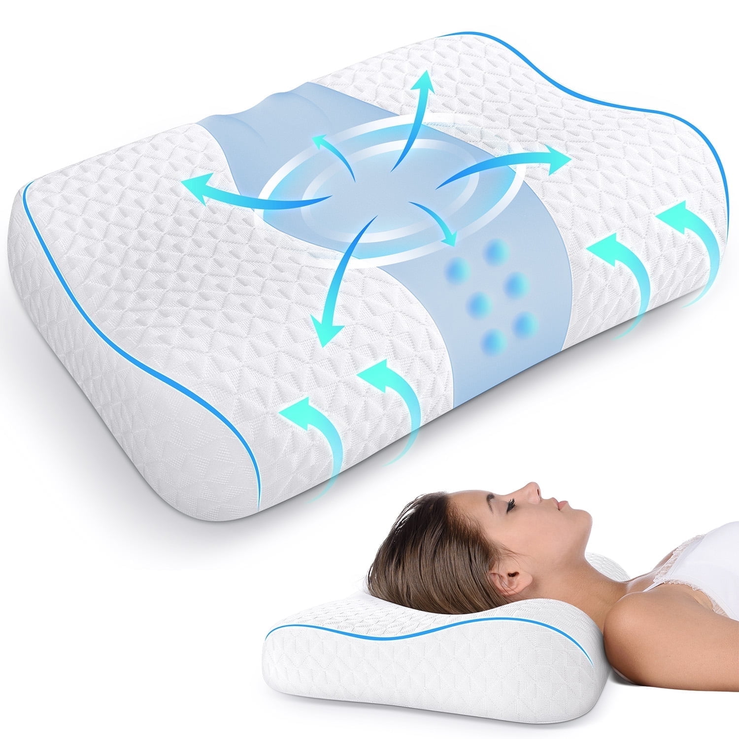 Bed Pillow, Cervical Neck Pillow for Pain Relief, Contour Memory Foam Pillows for Sleeping, Odorless Ergonomic Pillow, Orthopedic Cooling Pillow Bed Pillow Neck Support for Side Back Stomach Sleepers
