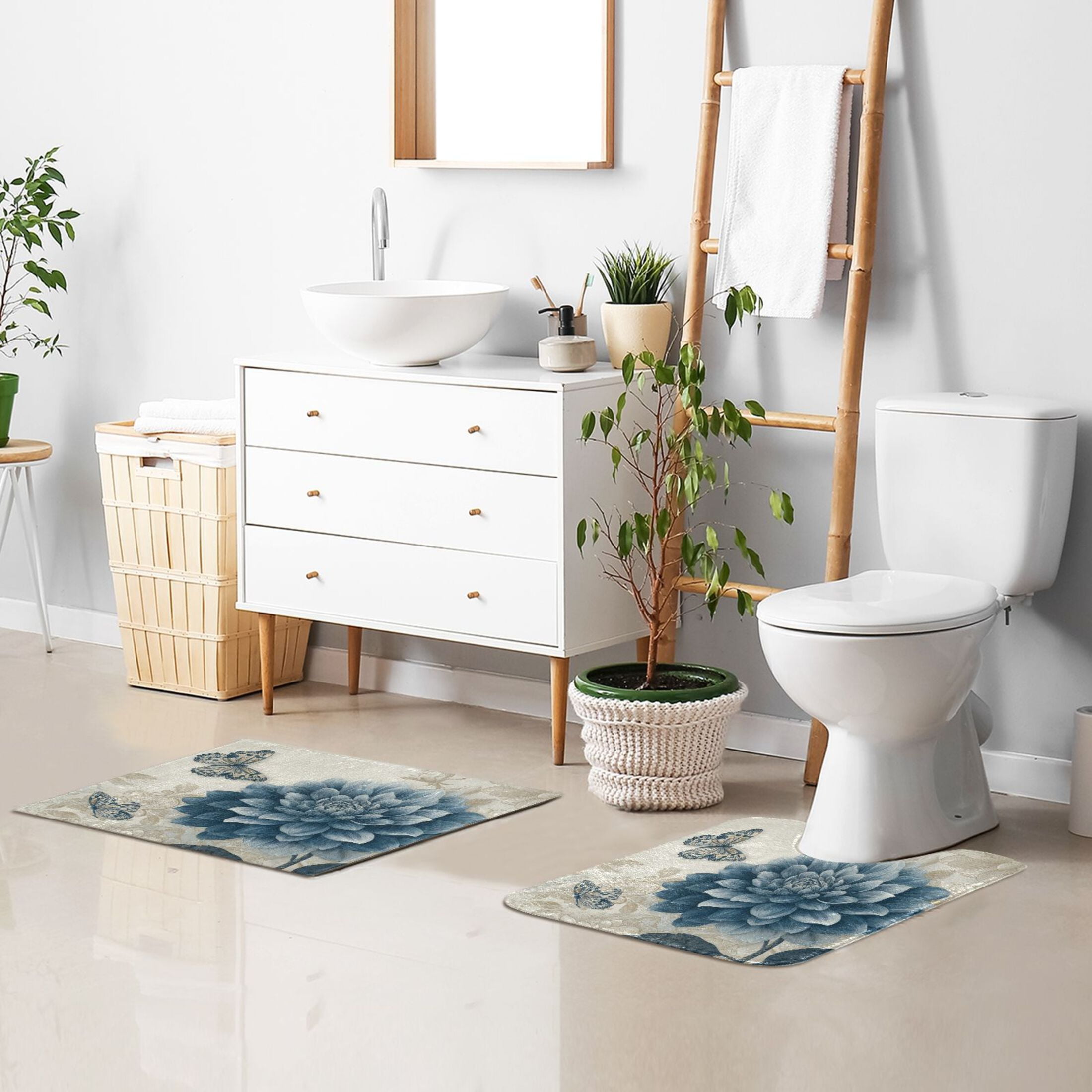 2 Piece Bath Mat Set with U-Shaped Toilet Mat and Rectangle Bath Rugs Non Slip Machine Washable Bathroom Mats Blue Flower with Butterflies