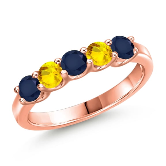 Gem Stone King 18K Rose Gold Plated Silver Blue Sapphire and Yellow Sapphire Wedding-Bands Ring for Women | 0.98 Cttw | Round 3.5MM | Gemstone September Birthstone | Size 5