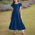 thumbnail image 2 of Girls Summer Pleated Short Sleeve Round Neck Loose Casual Flowy Layered Extra Long Dress With Pockets, 2 of 6