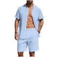 thumbnail image 2 of VBTAPA Mens 2 Piece Cotton Linen Outfits Summer Beach Matching Sets Short Sleeve Button Down Shirts and Shorts Set with Pockets Light Blue XXXL, 2 of 6