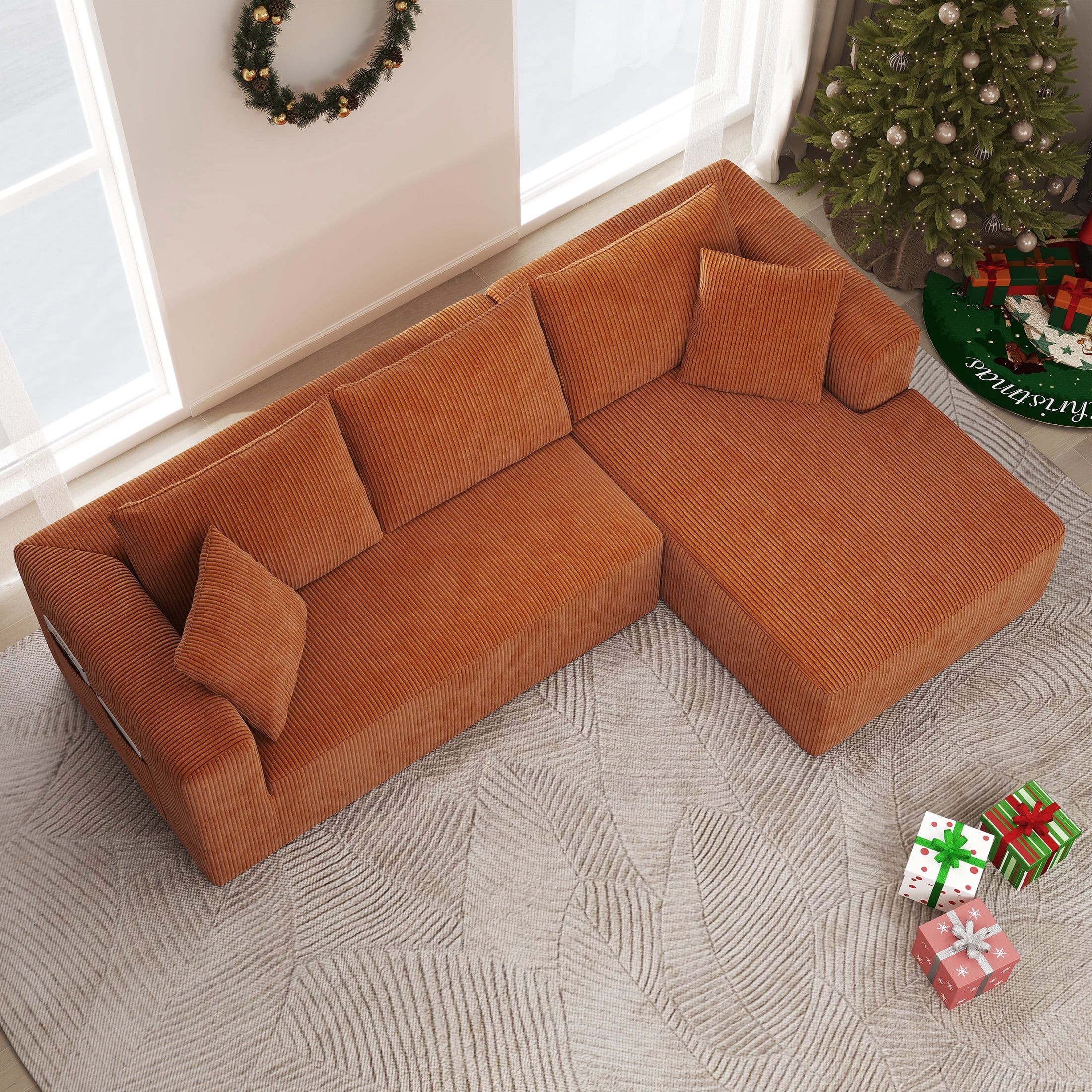 DEALTOPS 104'' Modular L-Shape Sectional Sofa with Chaise, Comfy Deep-Seat Cloud-Couch, Corduroy - Orange