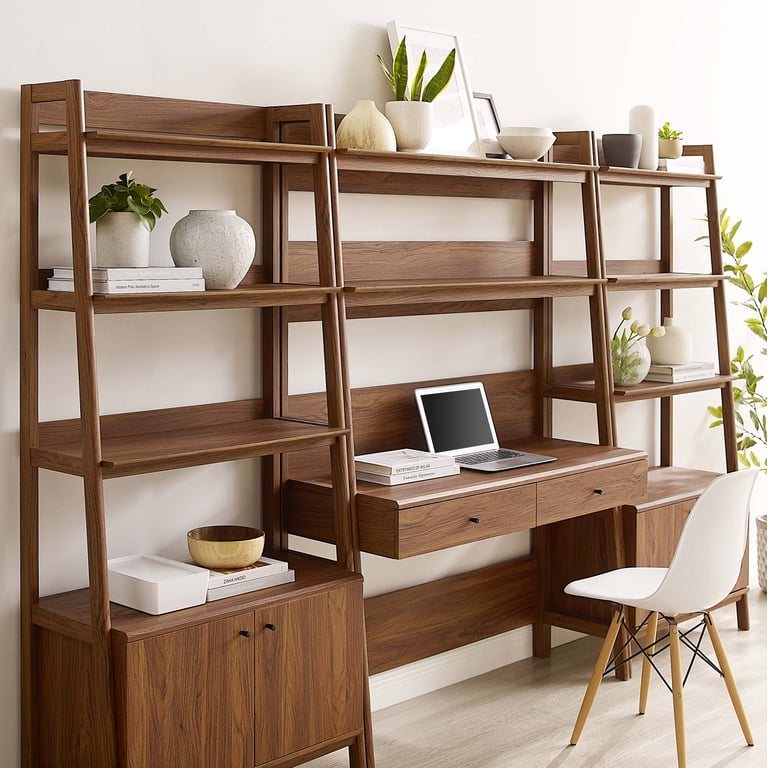 Modway Bixby 3-Piece Wood Office Desk and Bookshelf Set, Walnut
