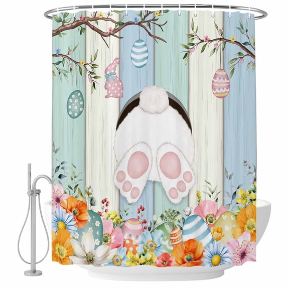 Easter Shower Curtain, Waterproof Shower Curtains for Bathroom, Spring Watercolor Bunny Eggs Wood Grain Teal Blue Washable Fabric Bathtub Curtain Set Bath Decor with 12 Hooks Long 72"x84"
