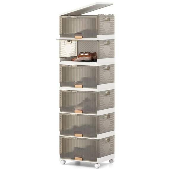 Stackable Storage Bins 6 Tier, 27 Gal Foldable Shoe Organizer with Wheels & Doors, Collapsible Closet Organizers for Clothes & Home Storage