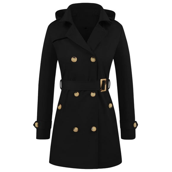 Pisexur Women's Trench Coat Mid-Length Belted Overcoat Fashion Double-Breasted Classic Lapel Jackets for Women with Hood Solid Color Slim Fit Long Sleeve Fall Coats S-2XL Black
