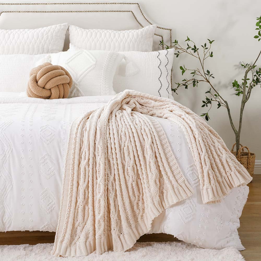 Battilo Cream Chenille Knit Throw Blanket, Textured Woven Decorative Blanket for Couch Bed,51"x67"