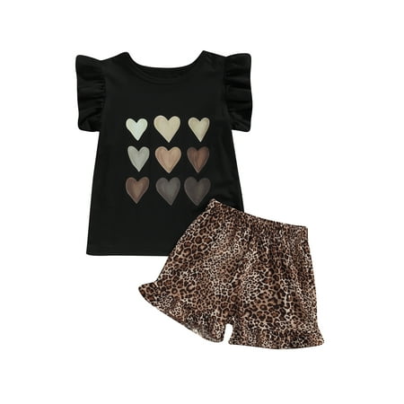 

aturustex 3 4 5 6 7T Toddler Girl Summer Sleeveless T-Shirt Outfits Ruffle Heart Print Tee Tops Shorts Set Clothes 2Pcs