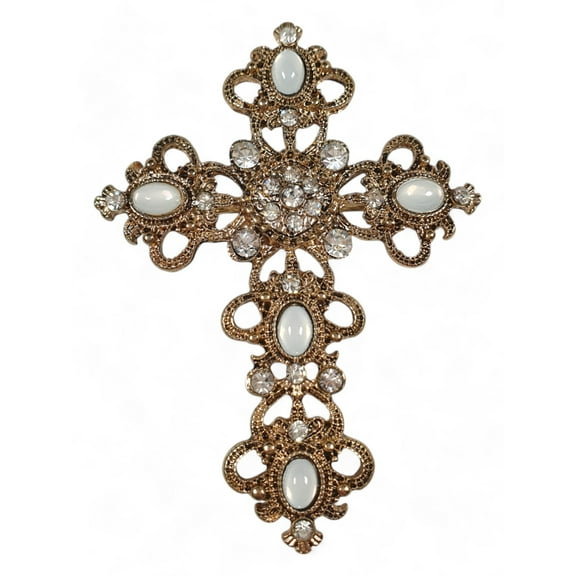 Antiqued Gold Tone White Clear Rhinestone Ornate Cross Pin Brooch 2 3/4"