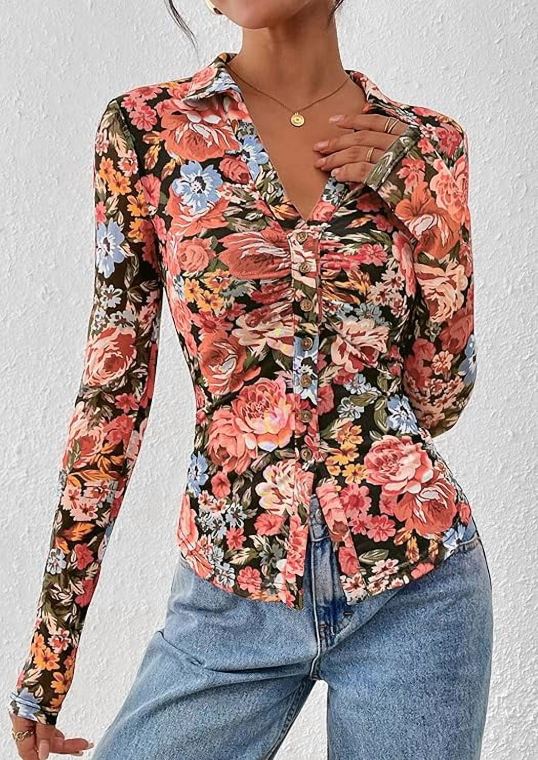 Prettygarden Women's Floral Button-Down Ruched Blouse photo 8