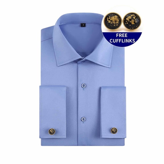 BRGZLK Mens Dress Shirts Solid Color French Cuff Turn Down Collar Tops Button Long Sleeve Business Casual Slim Fit Shirt Stretch Formal Shirts Blue M
