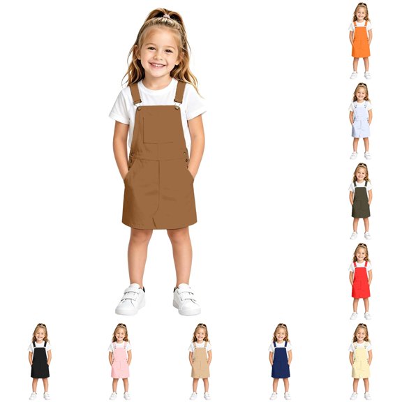 Kids Teen Girls Dress Versatile Solid Color Sleeveless Square Neck Pocket Front Overall Dresses for School Vacation Casual Sundress