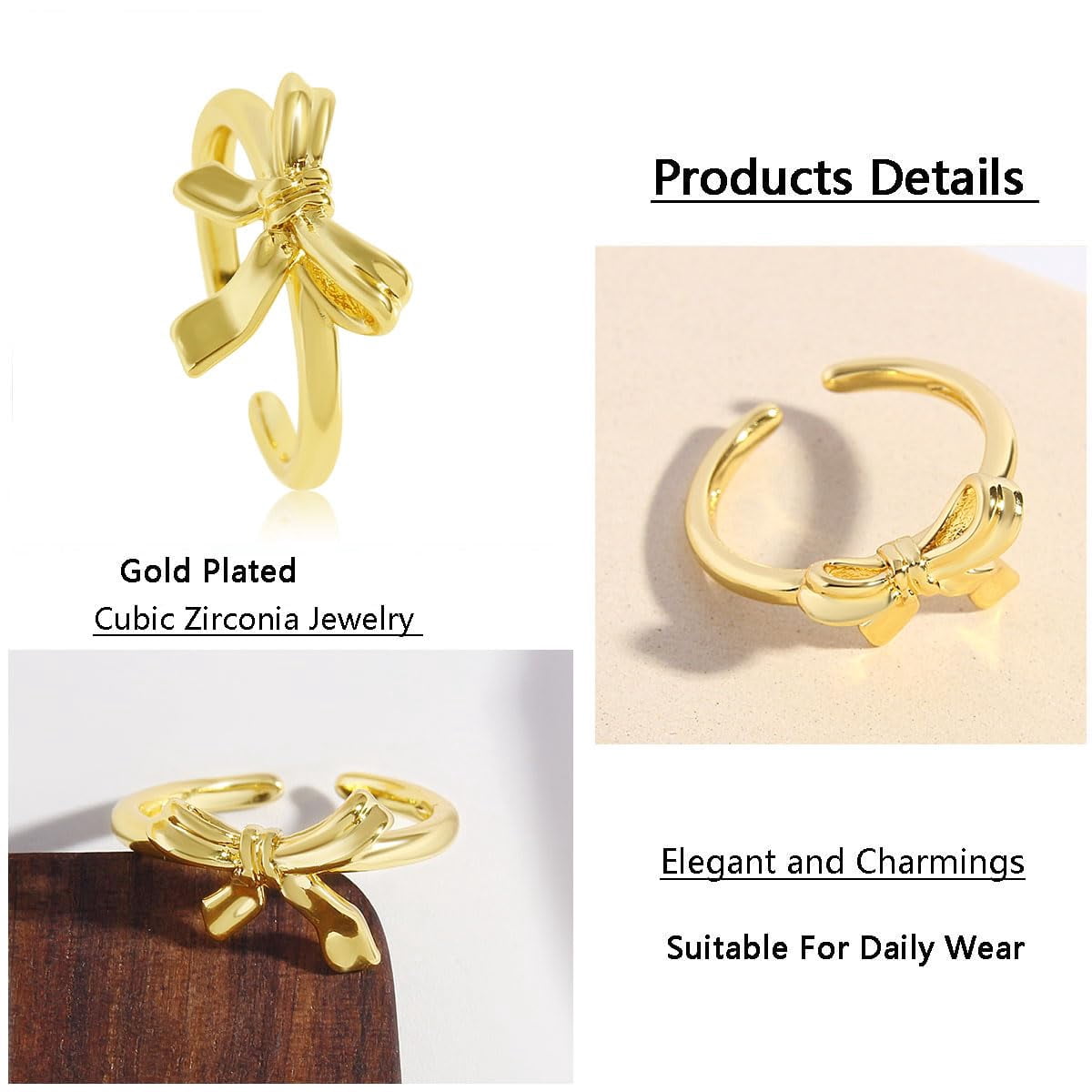 Z ZACHÉ Gold Plated Bow Ring Gold Plated Adjustable Open Ring for