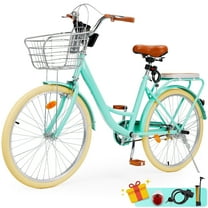 26 inch Commuter Bicycle for Adult Men and Women, Comfortable City Bikes with Rear Rack and Basket, Green