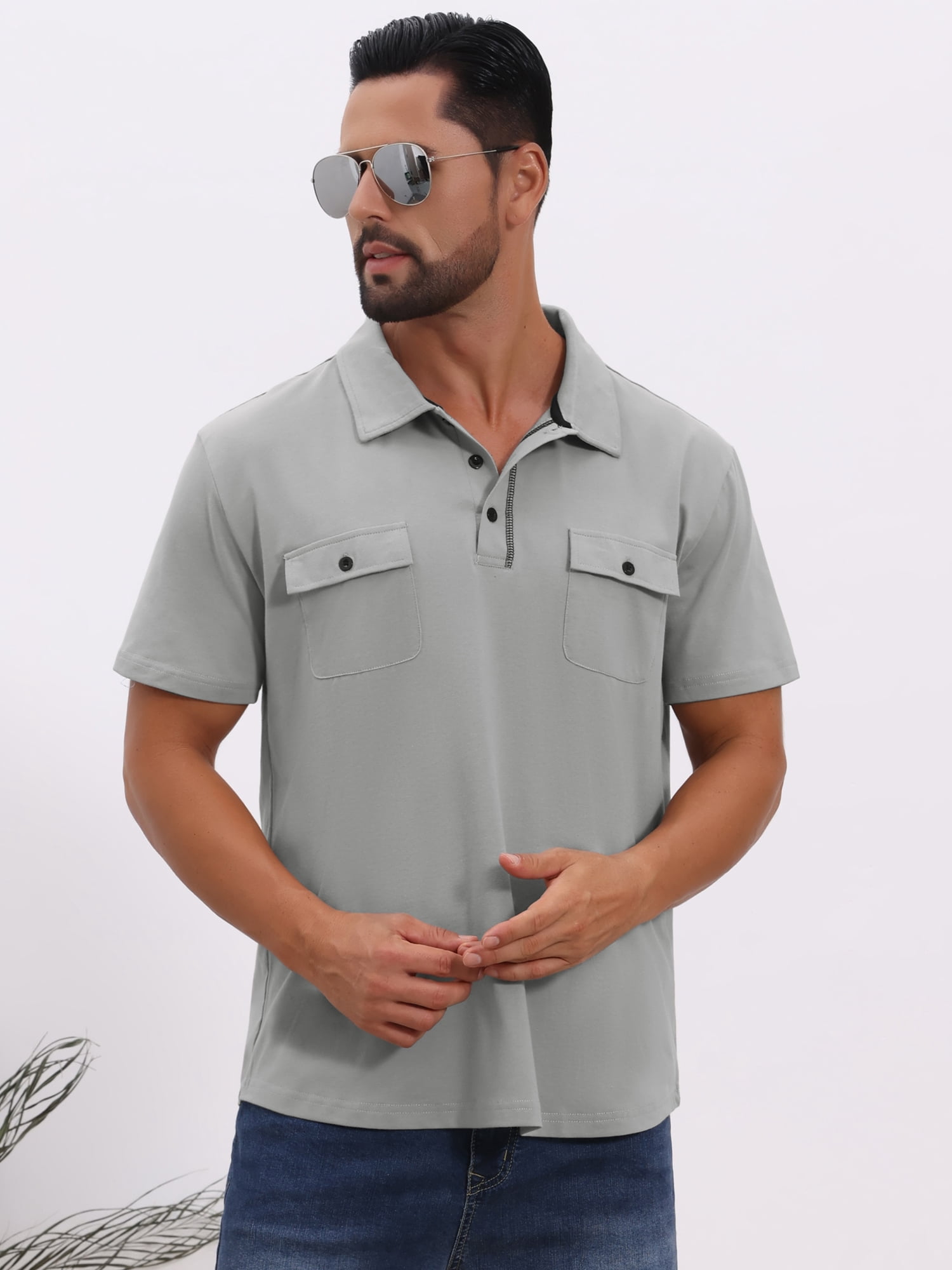 DARING DIVA Men's Collared Short Sleeve Double Chest Pockets Polo Shirt L Light Gray
