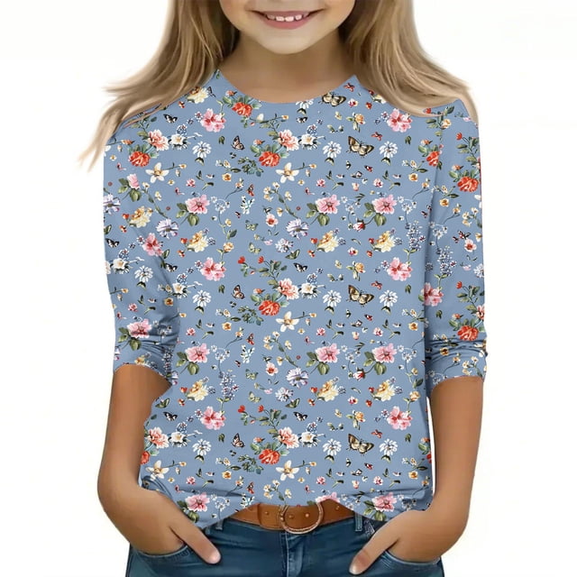 YUNAFFT T-Shirts en Poly-Spandex Doux pour Filles et Garçons 2-12 Ans Mode Imprimée Manches 7/8 Col Rond Chandail Confort Décontracté