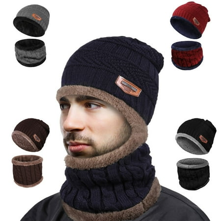 IPOW Winter Beanie Hat Scarf Set Warm Knit Hat Thick Knit Skull Cap For Men Women Kids-Navy Blue