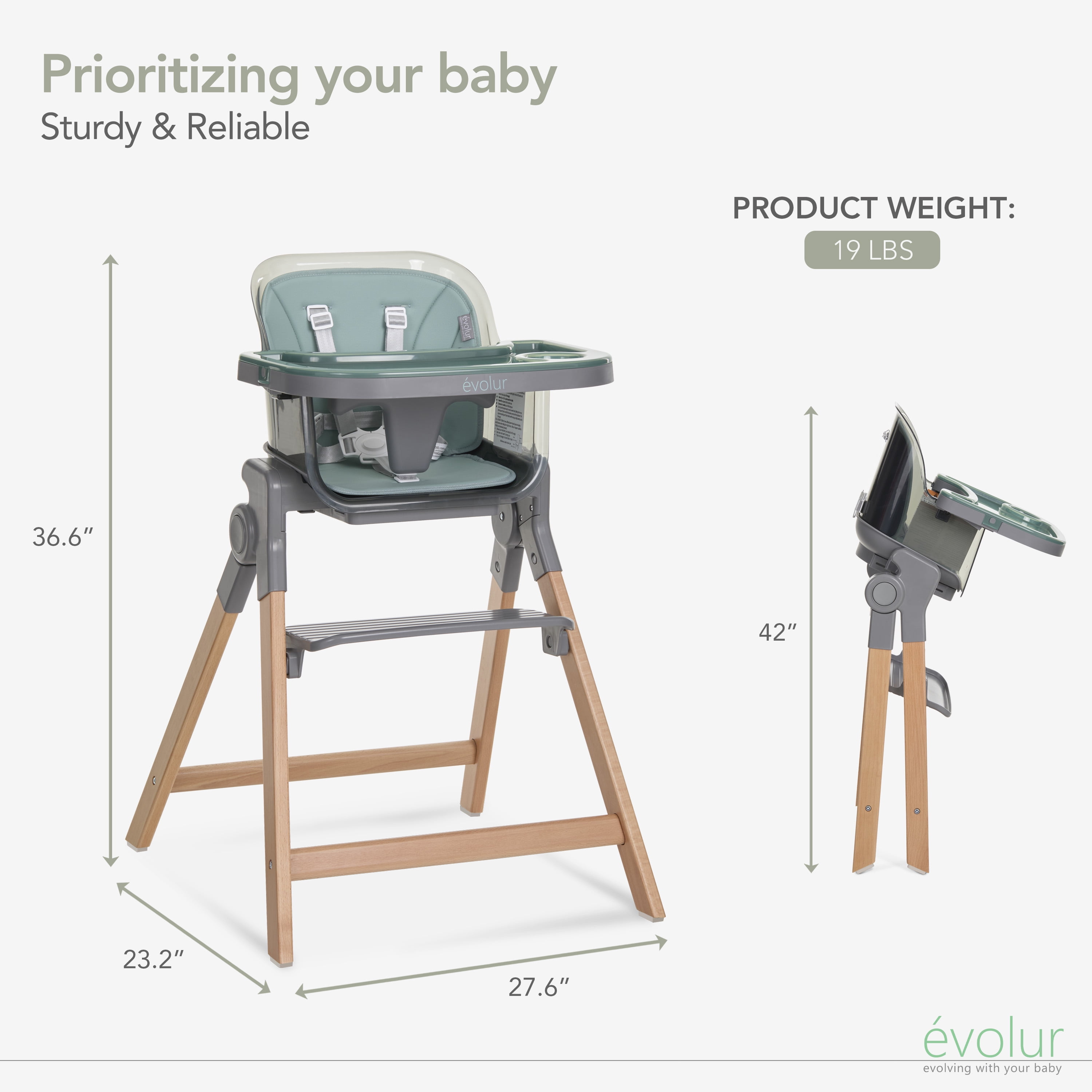Evolur Tiny Throne 2-in-1 Portable High chair in Matcha Green, Baby High Chair Converts into Booster Seat & Adult Stool, Removable Tray and Easy To Clean