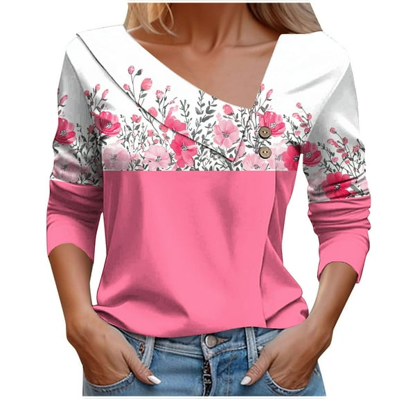 Women Tops 2025 Long Sleeve V Neck Loose Shirts Floral Print Asymmetric Button Blouses Business Casual Tunic