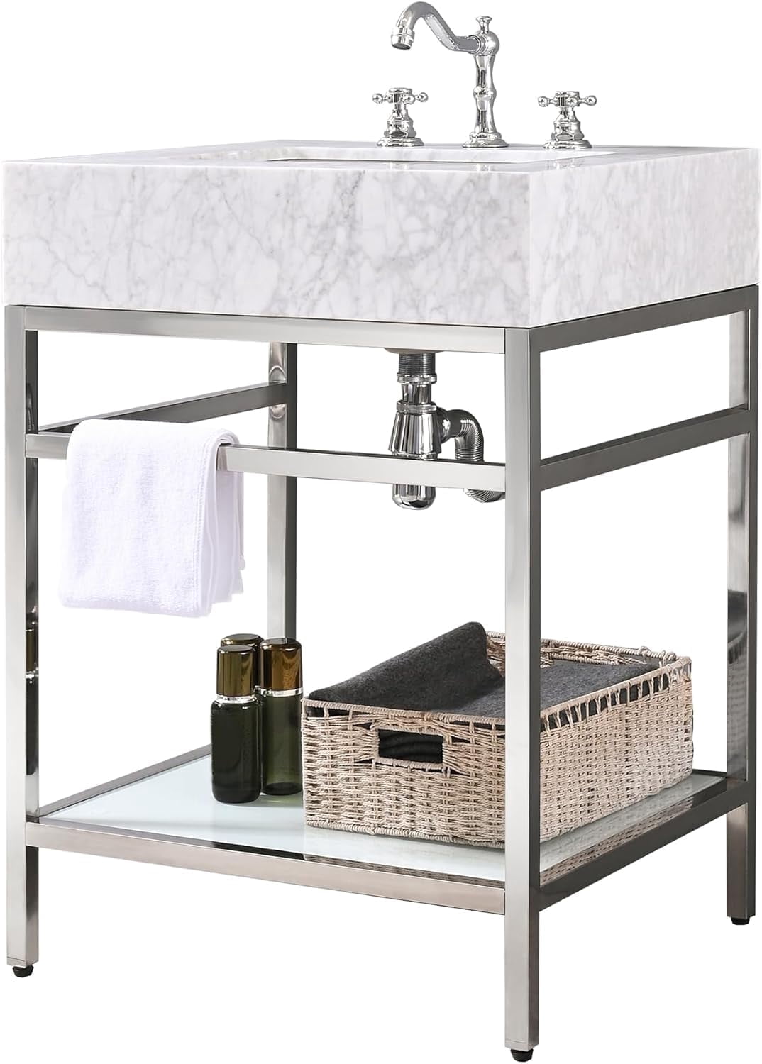 GGISHA 24"x 21"Freestanding Bathroom Vanity with Sink,Carrara Marble,Silver Frame,Tempered Glass Shelf