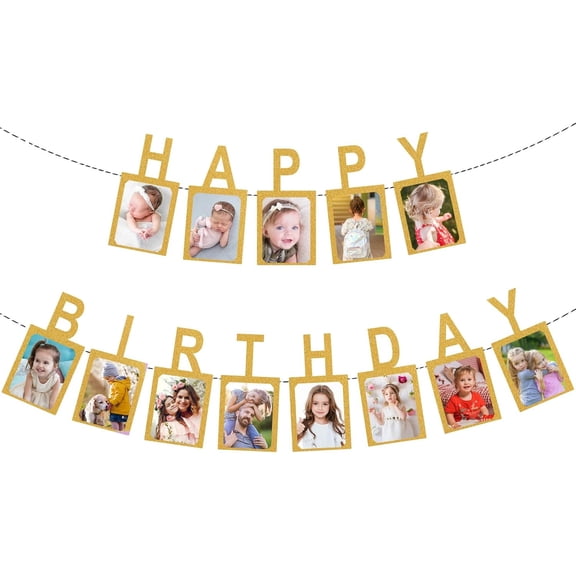 Birthday Photo Banner, Suitable for Kids and Adults Birthday Party Decoration, Annual Milestone Golden Happy Birthday Banner