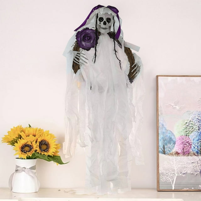 Danhjin Couronne d'Halloween Couronne d'Halloween, Couronne de Squelette avec Décorations de Roses de Squelette, Couronne d'Halloween pour Décoration d'Halloween Intérieure Extérieure Fenêtre Mur.