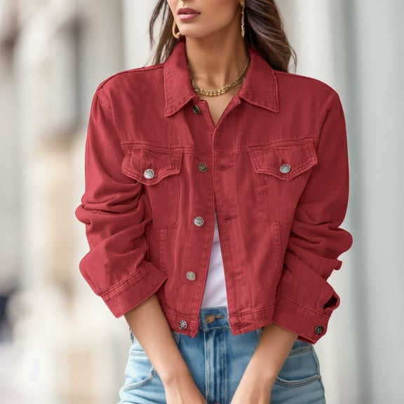 Vedolay Women's 2023 Jackets Womens Cropped Denim Jacket Button Down Long Sleeve Fitted Jean Coat,Red L