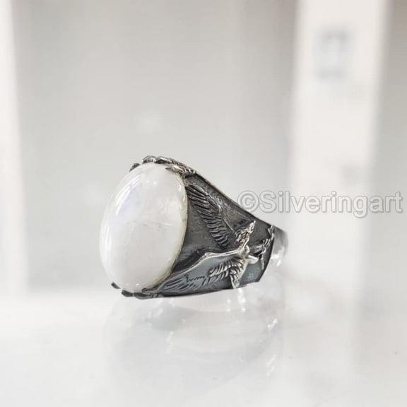 Rainbow Moonstone Mens Ring, Natural Blue Fire Rainbow Moonstone, Eagle Jewelry, 925 Silver Ring, Birthday Gift, Heavy Mens Ring, Arabic Design, Ottoman Style Ring, Christmas, Turkey Mens Signet Ring