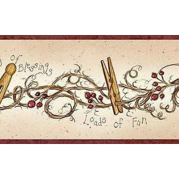 878647 Clothespins and Rosehips Wallpaper Border FAM65043b