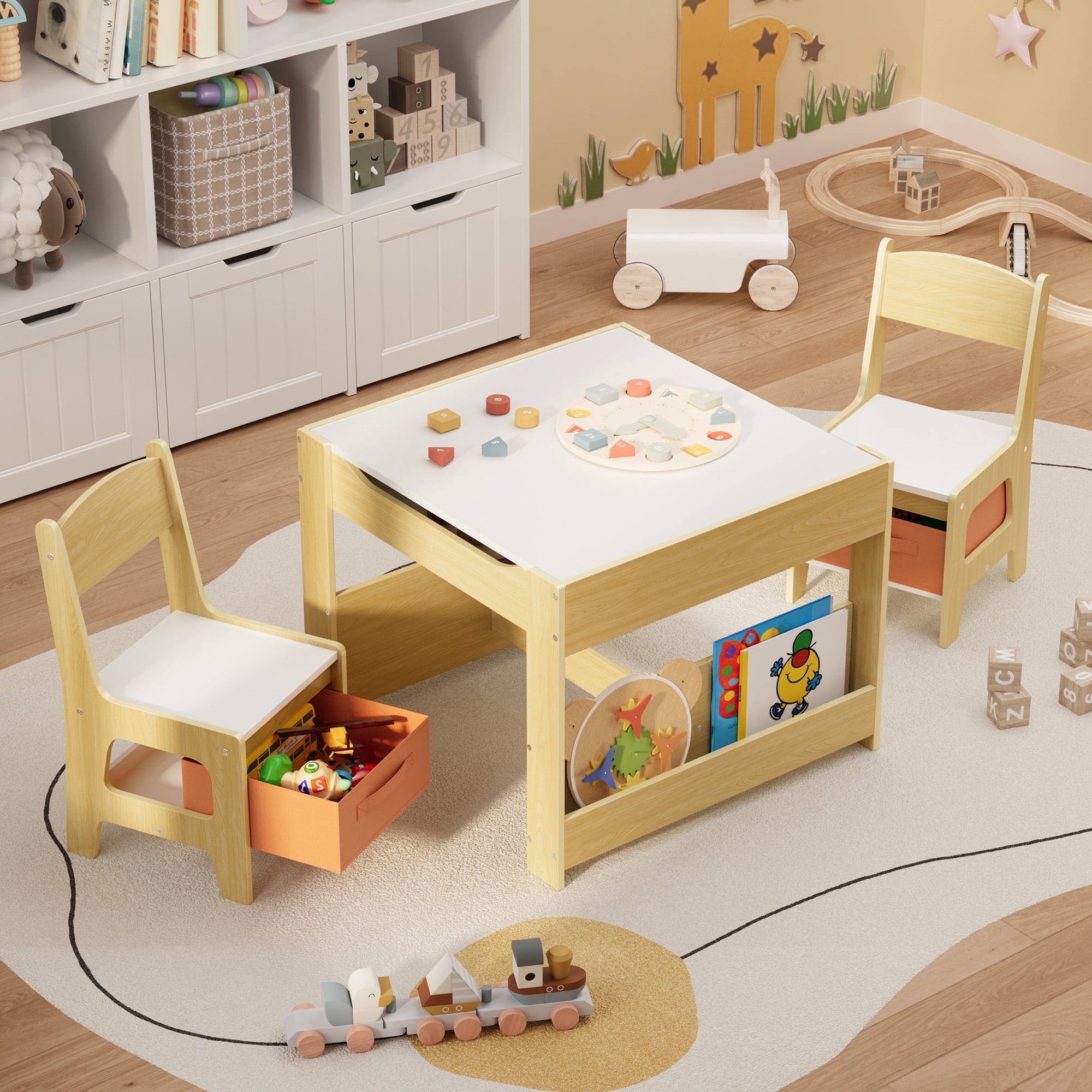 4-in-1 Kids Activity Table & Chair Set with Removable Storage Top - Convertible Toddler Craft, Play, Study & Dining Table for Playroom, Bedroom, Living Room - Retro